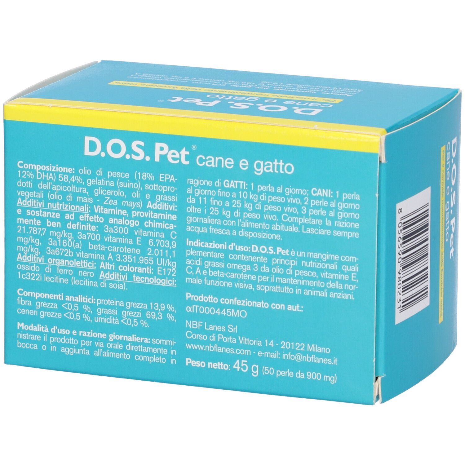 Scatola turchese con dettagli gialli. Scritto: D.O.S. Pet, cane e gatto. Informazioni dettagliate e ingredienti.