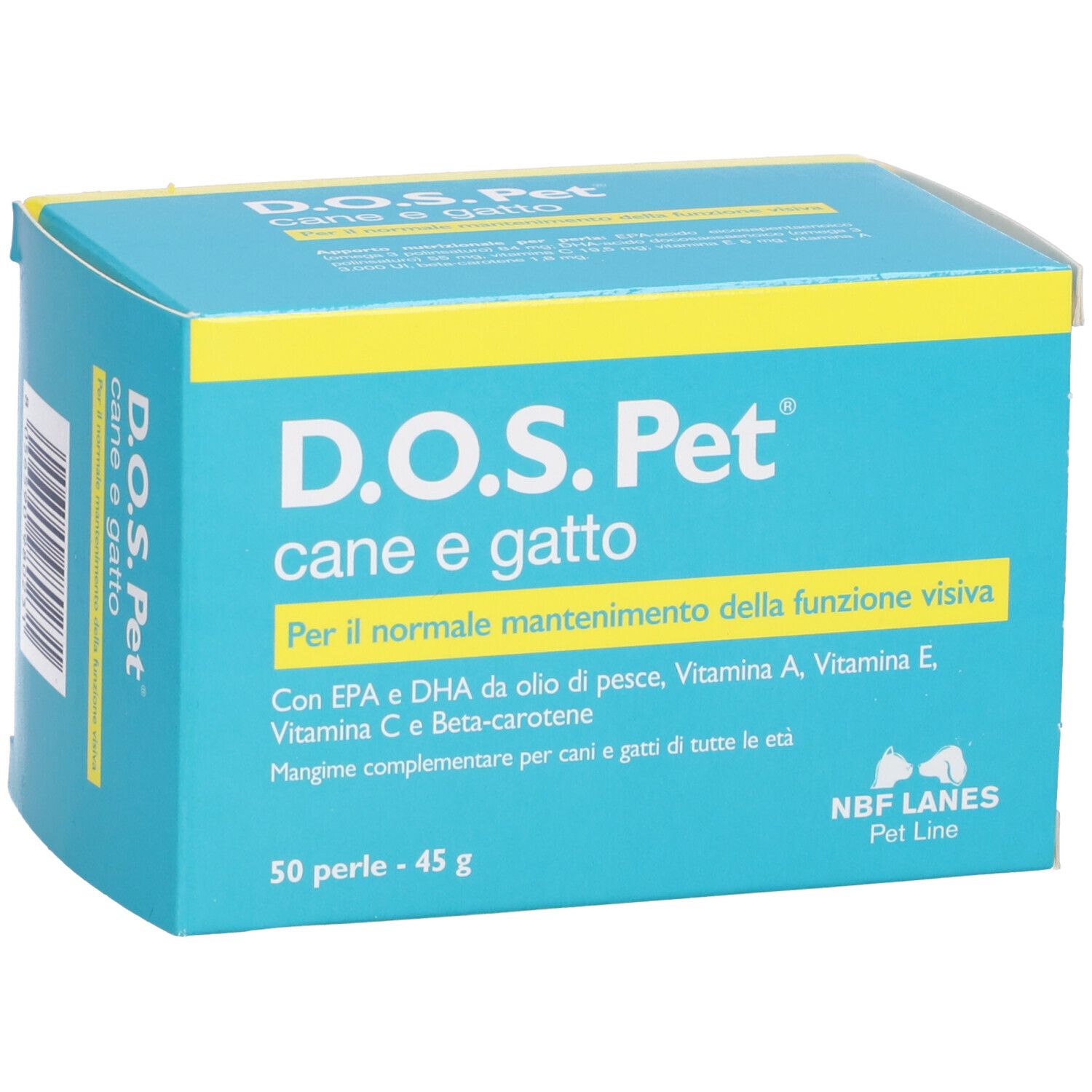 Scatola turchese con dettagli gialli. Scritto: D.O.S. Pet, cane e gatto, 50 perle - 45 g. Mangime complementare.