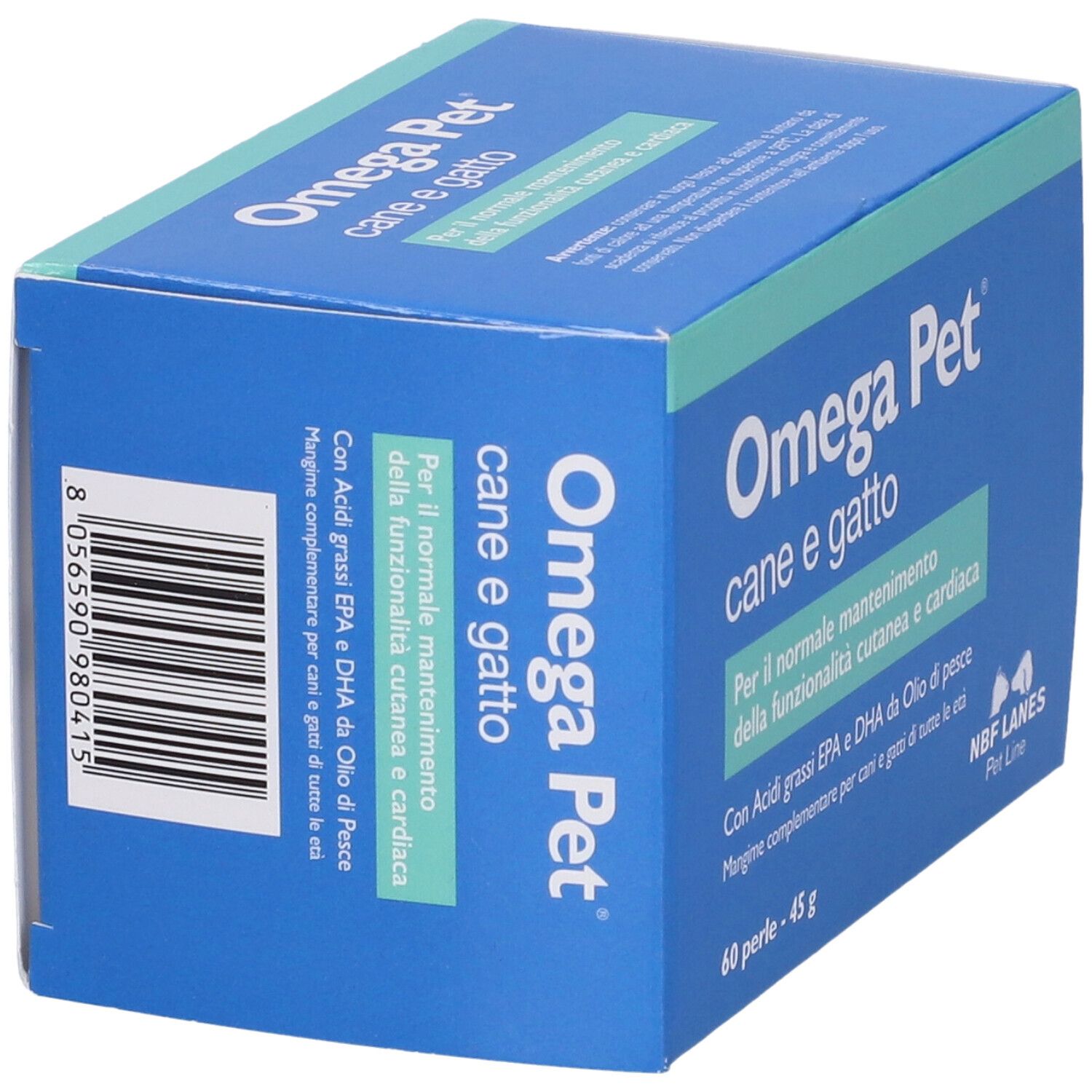 Scatola blu con "Omega Pet cane e gatto". Codice a barre e testo. NBF Lanes Pet Line.