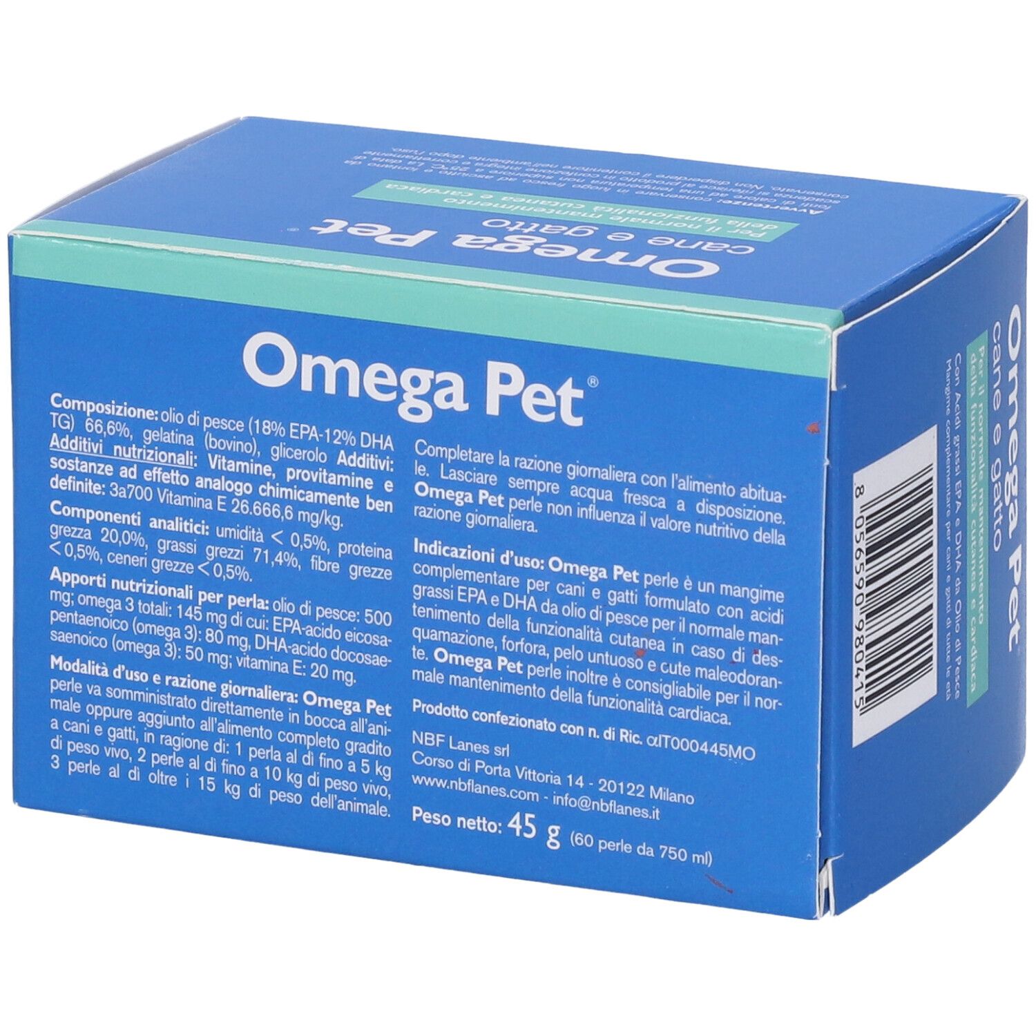 Scatola blu con testo e ingredienti. "Omega Pet cane e gatto". NBF Lanes Pet Line.