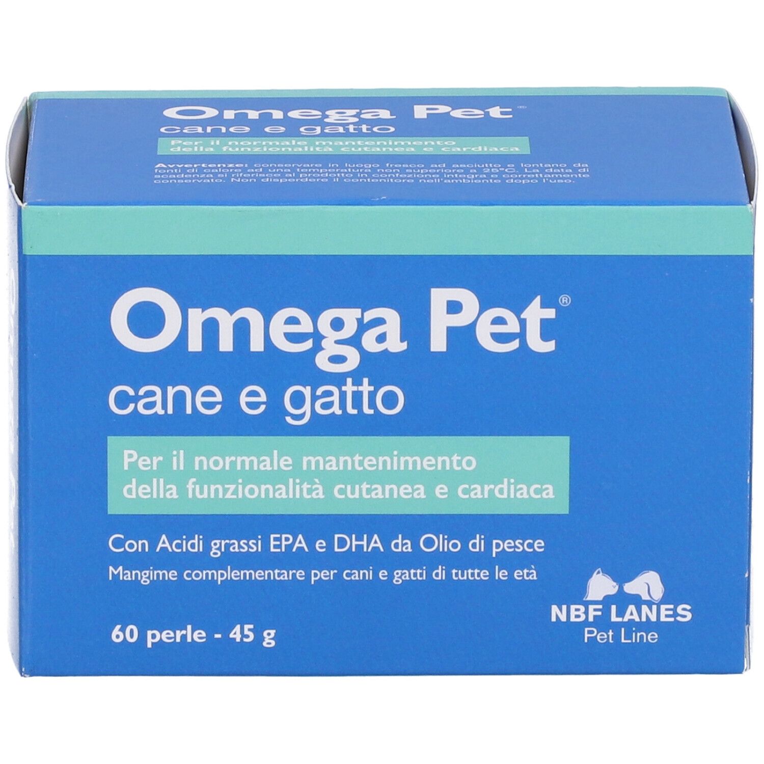 Scatola blu con "Omega Pet cane e gatto". Contiene 60 perle. NBF Lanes Pet Line.