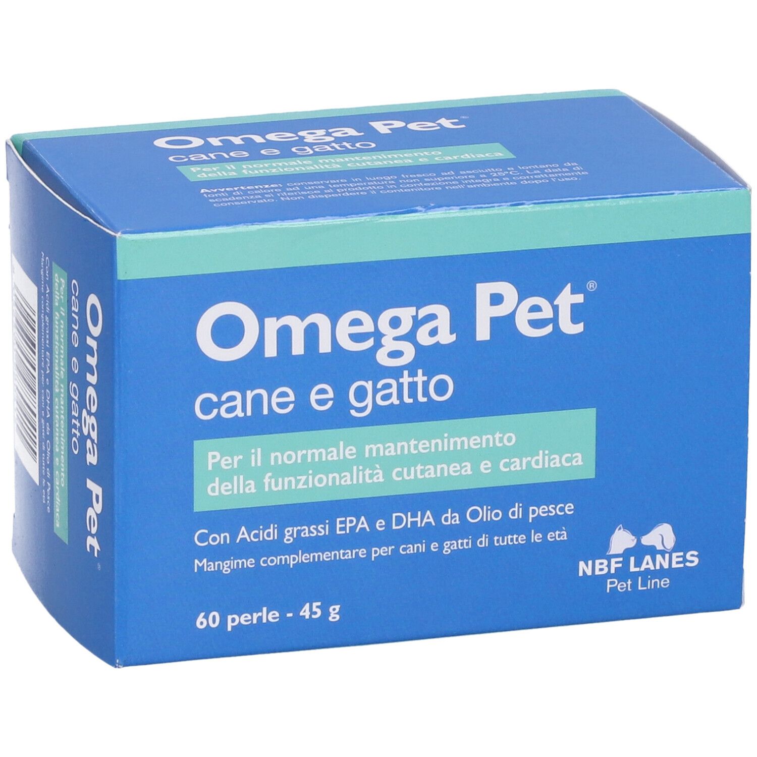 Scatola blu con "Omega Pet cane e gatto". Contiene 60 perle. NBF Lanes Pet Line.