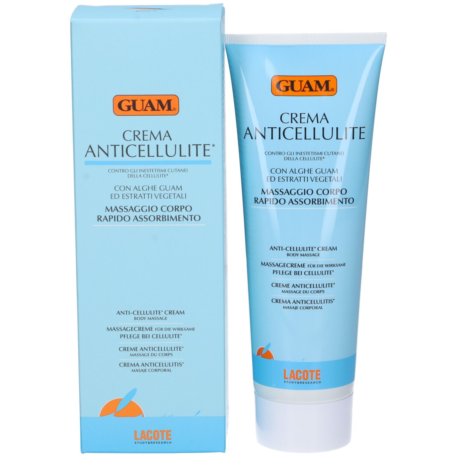 Hellblaue Schachtel und Tube. Aufschrift: GUAM, CREMA ANTICELLULITE. Text in italienischer Sprache. Orangefarbenes Logo.