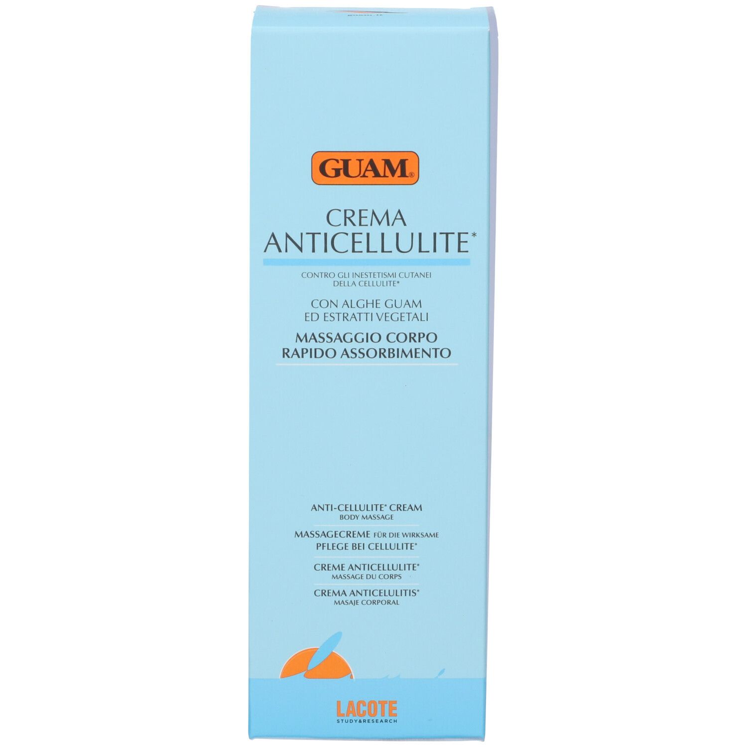 Hellblaue Schachtel. Aufschrift: GUAM, CREMA ANTICELLULITE. Text in italienischer Sprache. Orangefarbenes Logo.