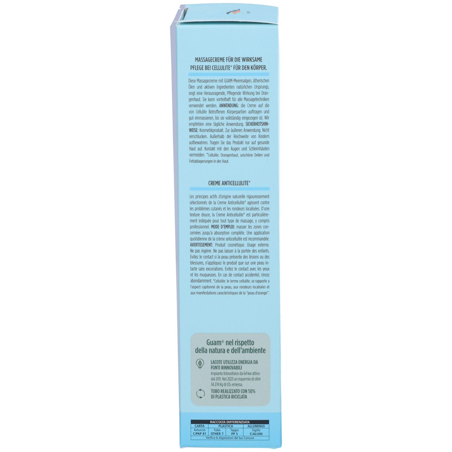 Rückseite einer hellblauen Schachtel. Text in italienischer und englischer Sprache. Aufschrift: recycelbares Material.