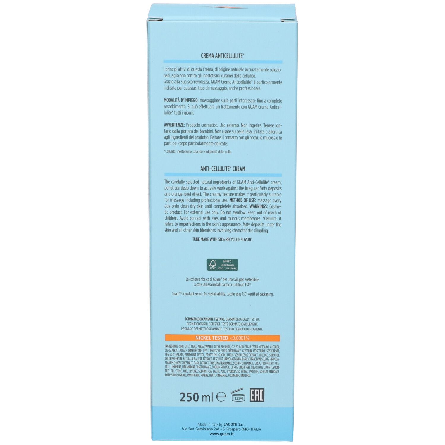 Rückseite einer hellblauen Schachtel. Text in italienischer und englischer Sprache. Aufschrift: 250 ml, recycelbares Material.