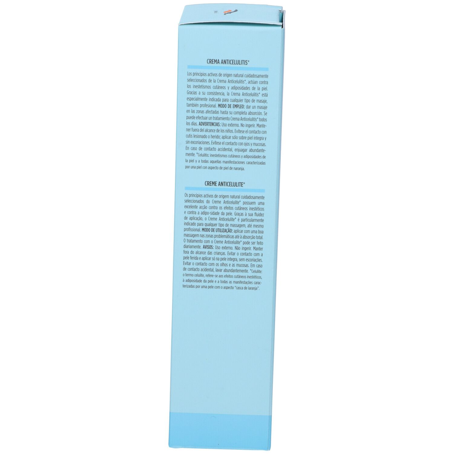 Seite einer hellblauen Schachtel. Text in italienischer Sprache. Aufschrift: CREMA ANTICELLULITE.