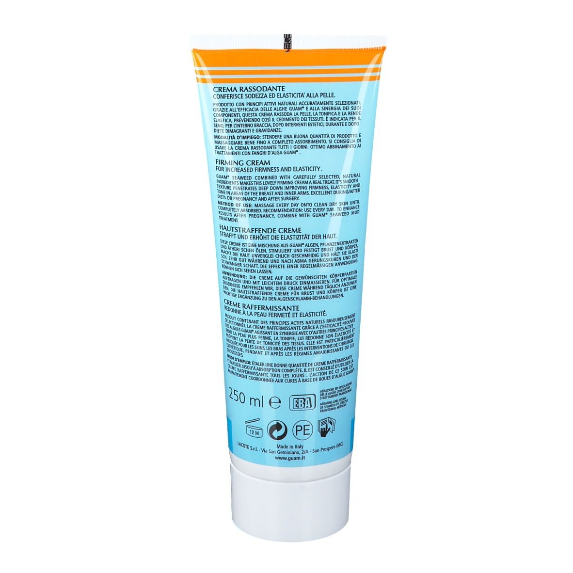 Retro del tubo. Testo in più lingue. Scritta: 250 ml. Vari loghi e simboli.