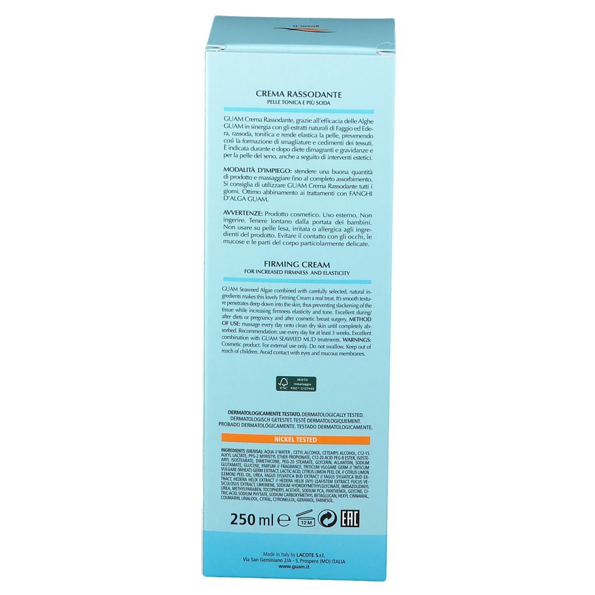 Retro della scatola. Testo in più lingue. Descrizione del prodotto e ingredienti. 250 ml.