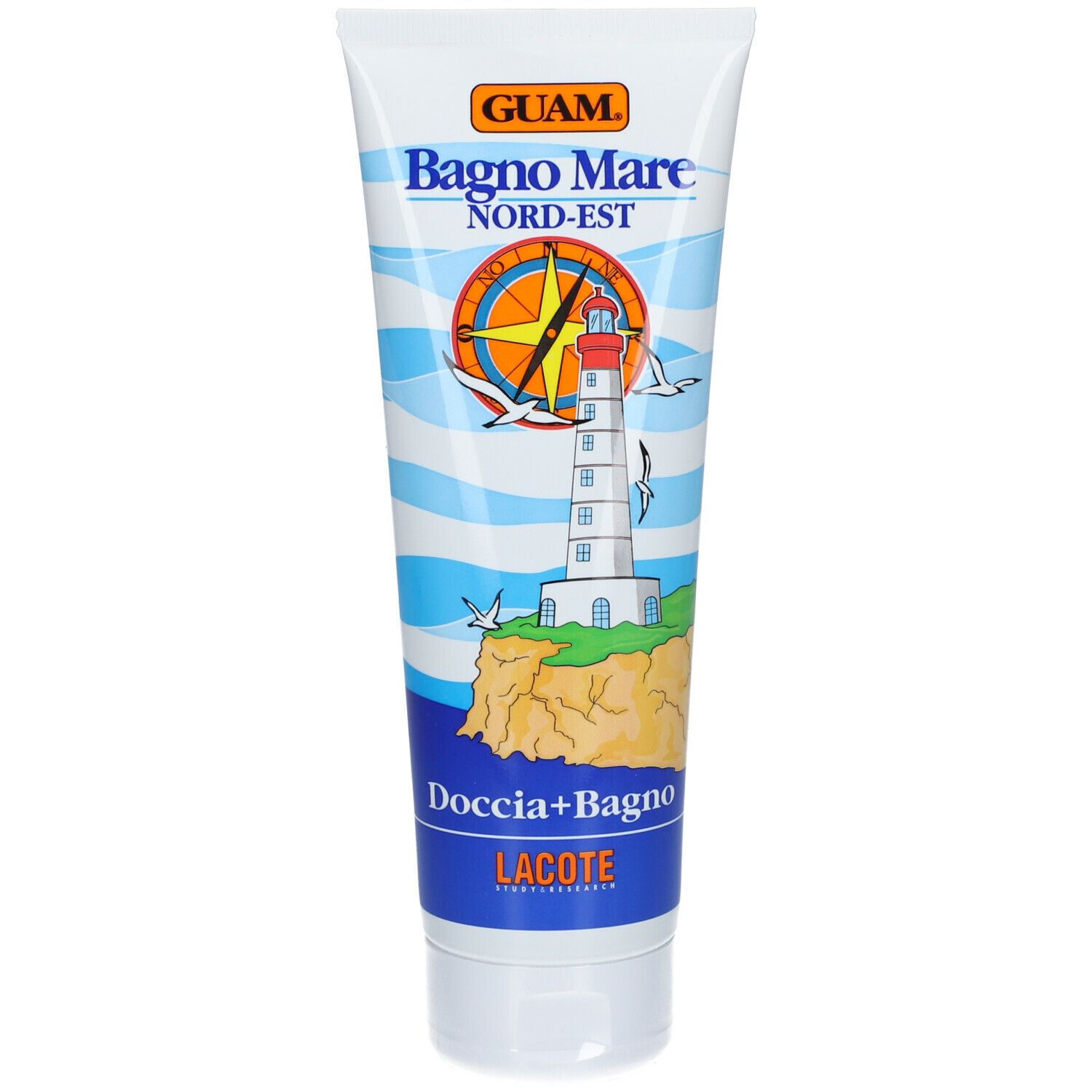 Tubo bianco-blu con logo GUAM e scritta "Bagno Mare NORD-EST". Illustrazione di faro e bussola.