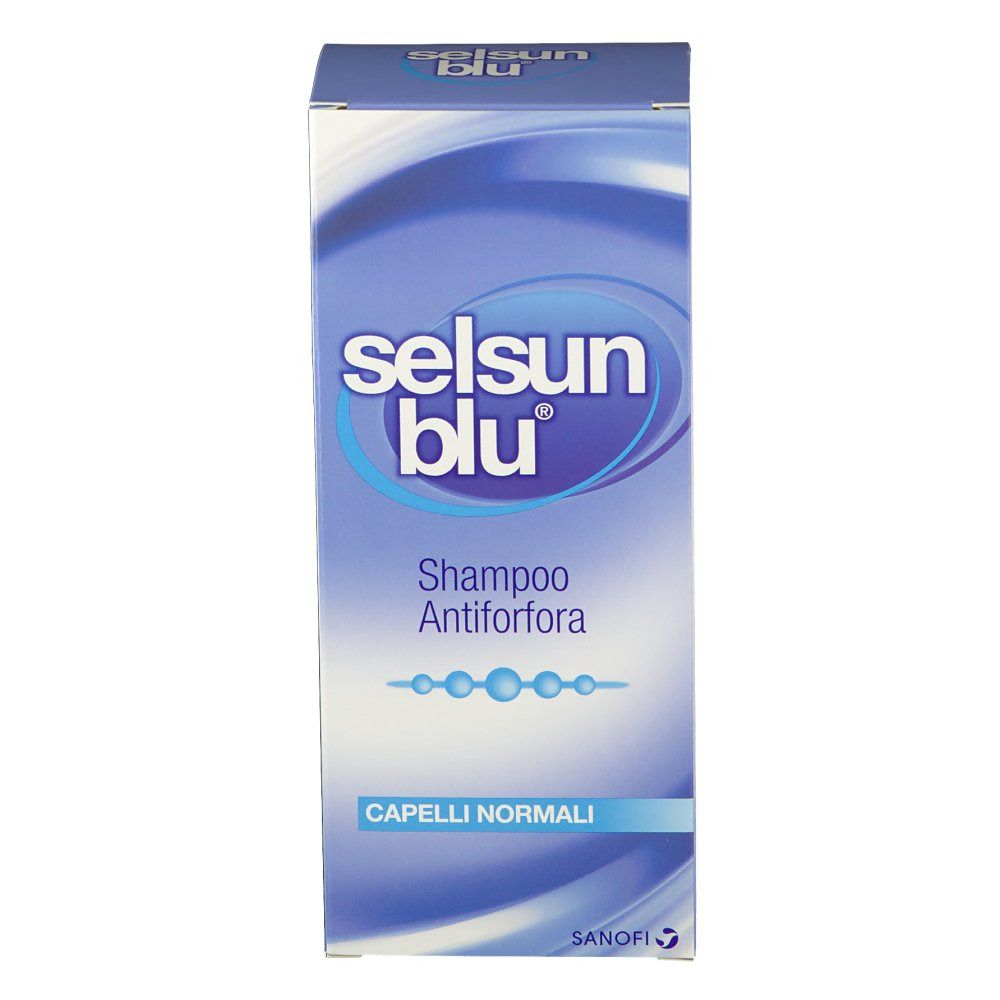 Selsun blu ® Anti-Schuppen Shampoo-Verpackung. Blaue Schachtel mit Produktnamen und Shampoo-Bezeichnung. Für normales Haar.