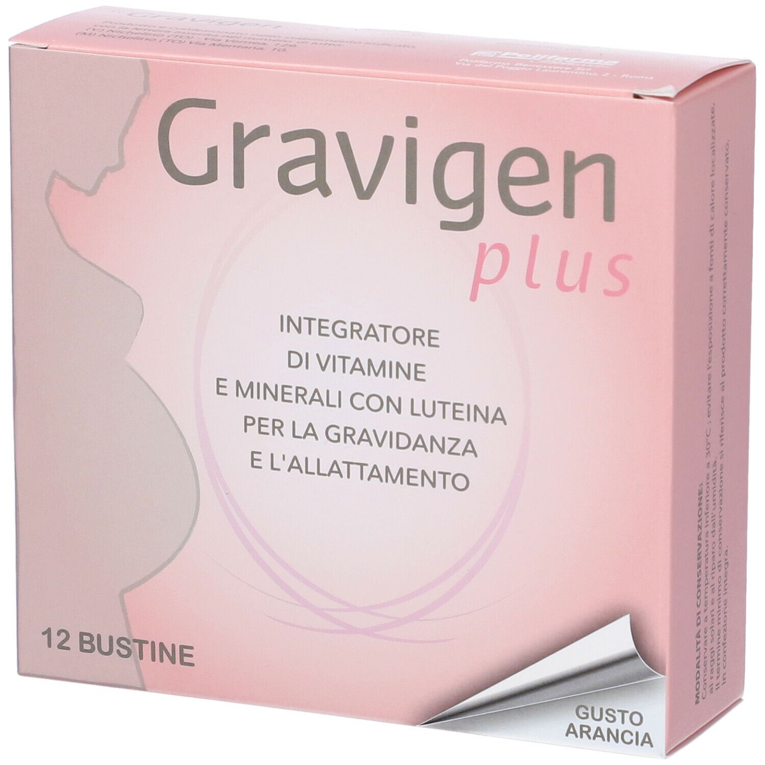 Scatola rosa "Gravigen plus". Contiene 12 bustine. Testo: "Integratore di vitamine e minerali con luteina per la gravidanza e l'allattamento". Gusto arancia.