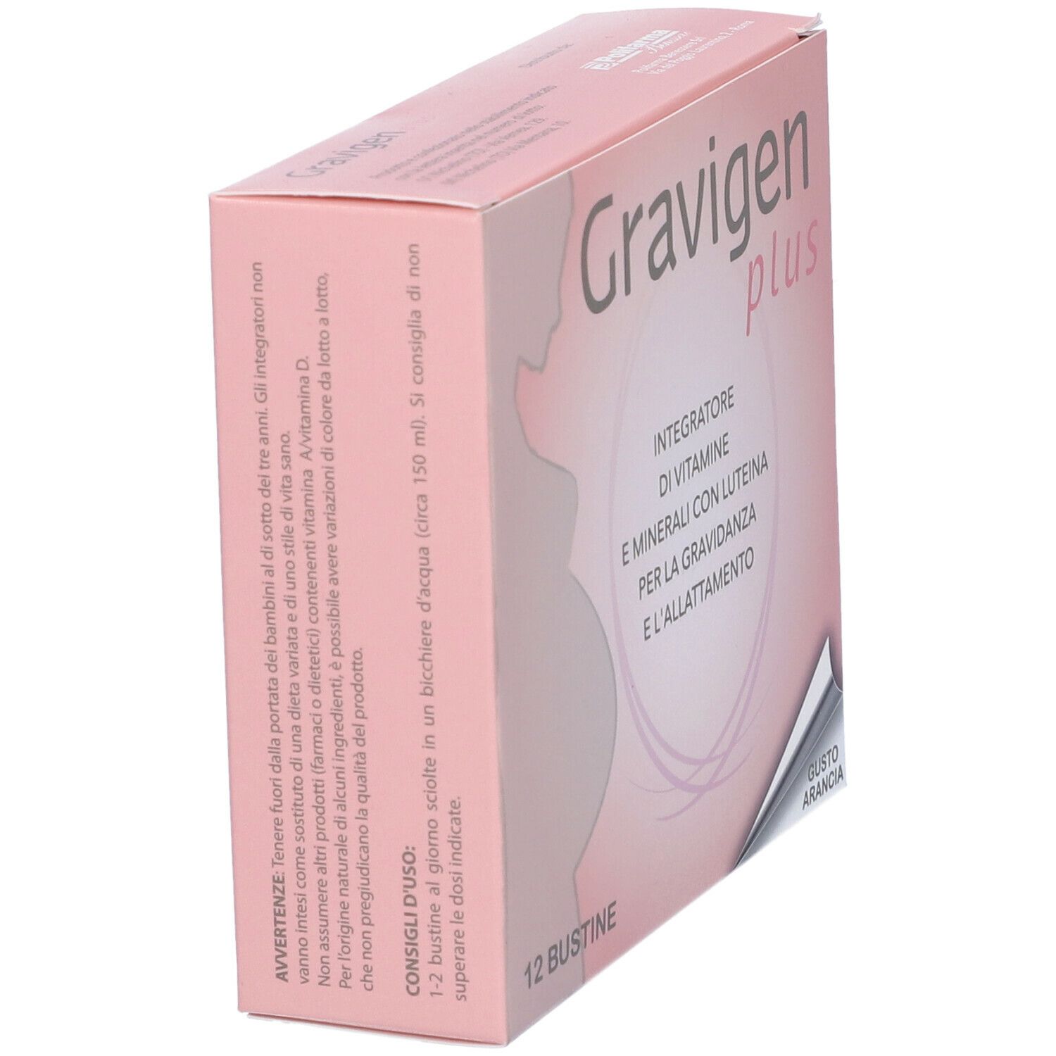 Scatola "Gravigen plus" in prospettiva. Confezione rosa con testo: "Integratore di vitamine e minerali con luteina per la gravidanza e l'allattamento". 12 bustine.
