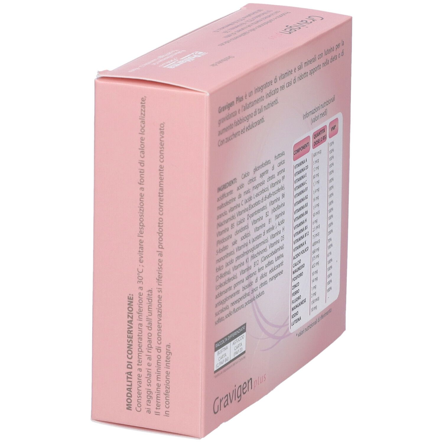 Scatola "Gravigen plus" in prospettiva. Confezione rosa con testo e informazioni sugli ingredienti. Contiene 12 bustine. Testo: "Integratore di vitamine e minerali".