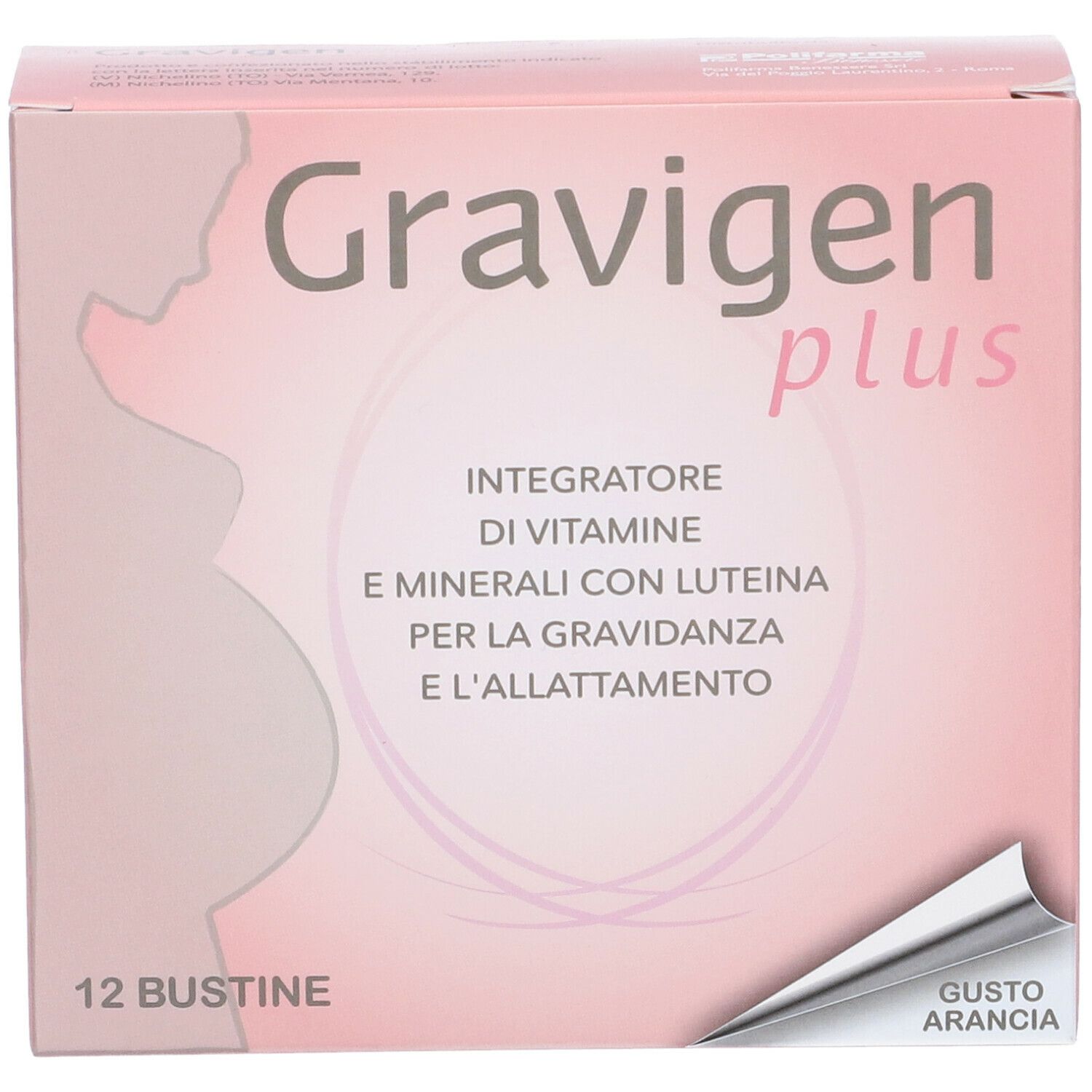 Scatola rosa "Gravigen plus" con 12 bustine. Testo: "Integratore di vitamine e minerali con luteina per la gravidanza e l'allattamento". Gusto: Arancia.