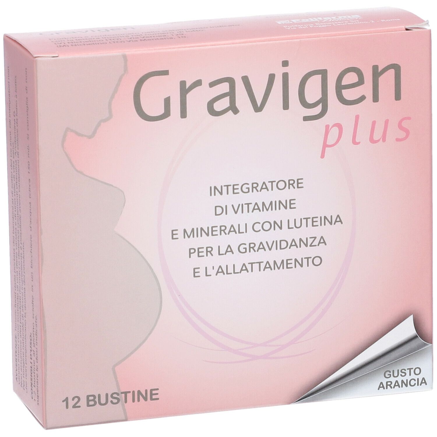 Scatola rosa "Gravigen plus" con 12 bustine. Testo: "Integratore di vitamine e minerali con luteina per la gravidanza e l'allattamento". Gusto: Arancia.