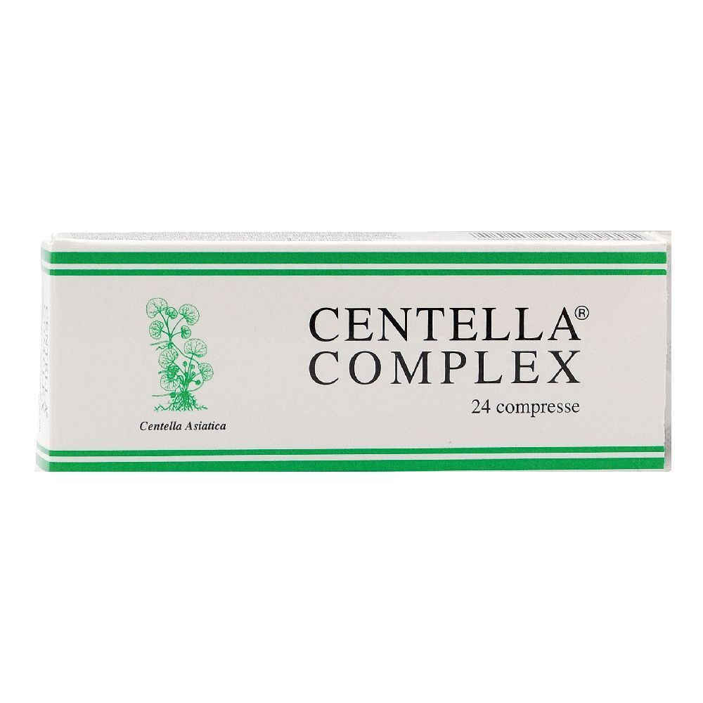 Scatola bianca con fascia verde e scritta CENTELLA COMPLEX 24 compresse. Logo con pianta.