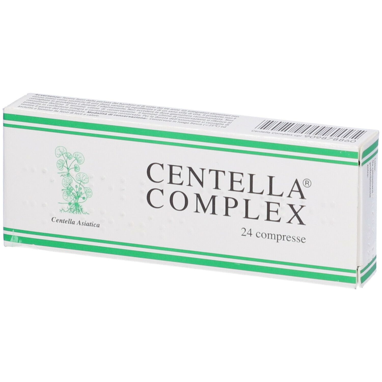 Scatola bianca con fascia verde e scritta CENTELLA COMPLEX 24 compresse. Codice a barre.