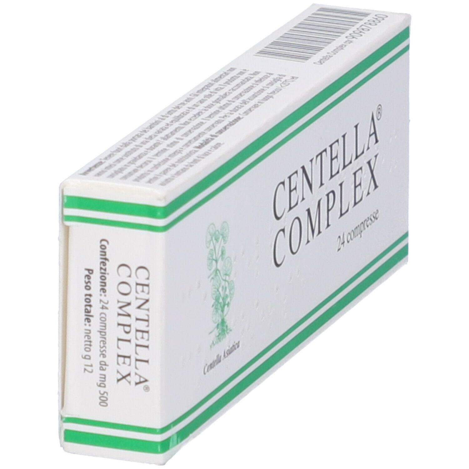 Scatola con fascia verde e scritta CENTELLA COMPLEX 24 compresse. Vista obliqua.