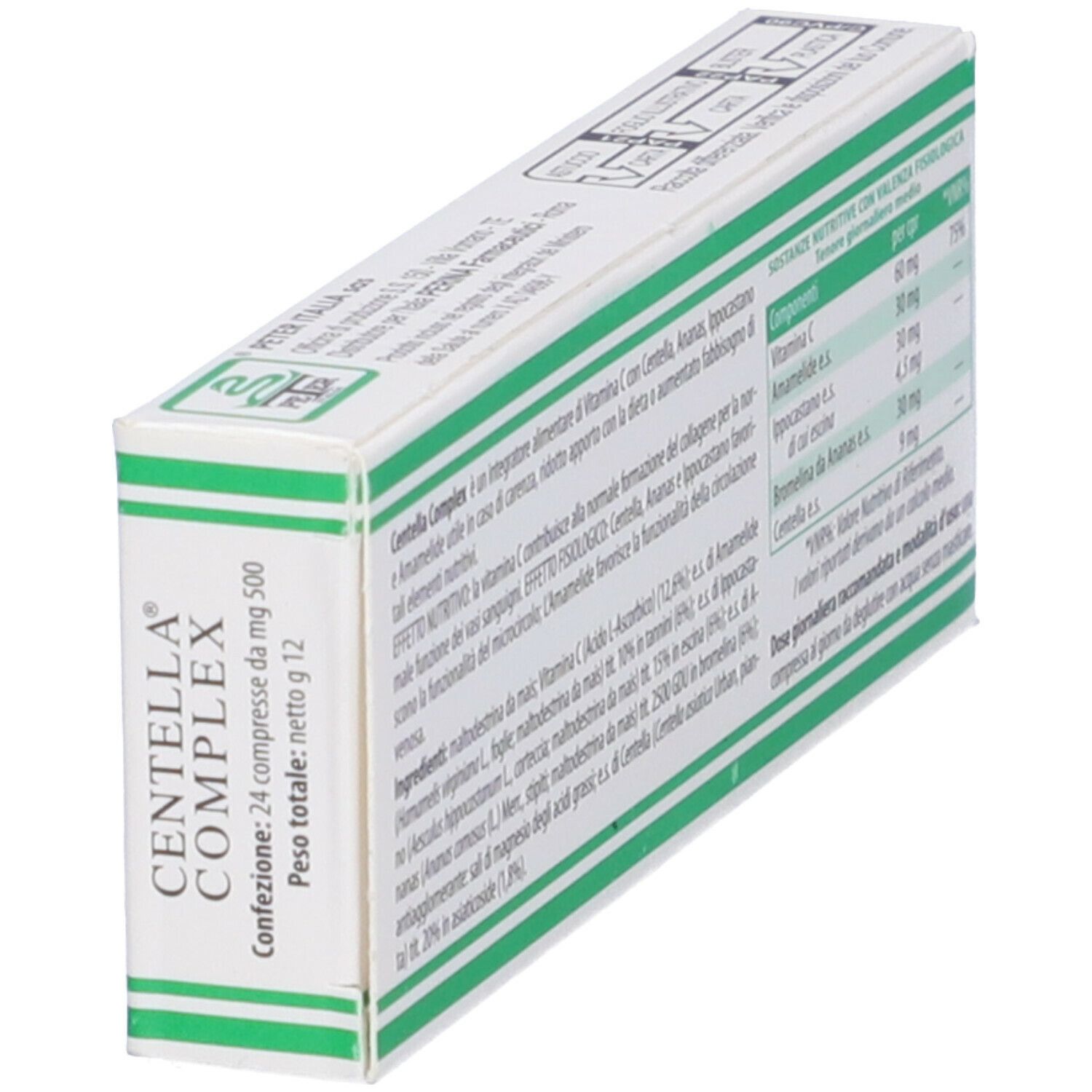 Scatola con fascia verde e scritta CENTELLA COMPLEX 24 compresse. Vista obliqua.