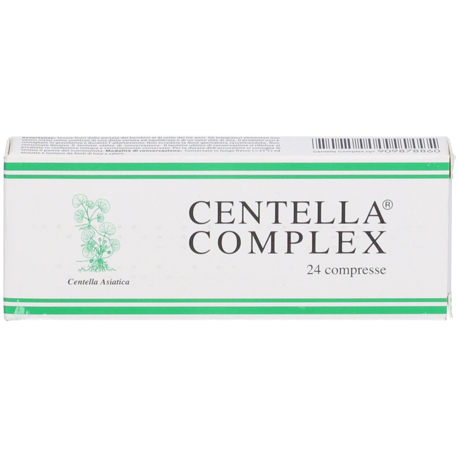 Scatola bianca con fascia verde e scritta CENTELLA COMPLEX 24 compresse. Logo con pianta.