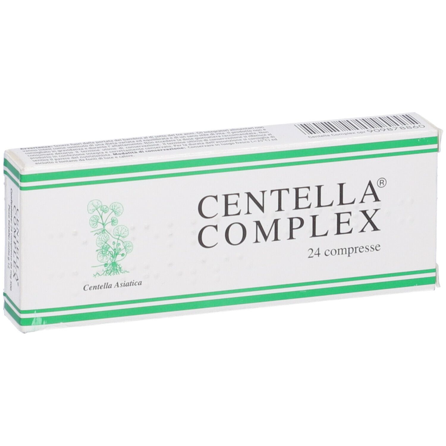 Scatola bianca con fascia verde e scritta CENTELLA COMPLEX 24 compresse. Logo con pianta.