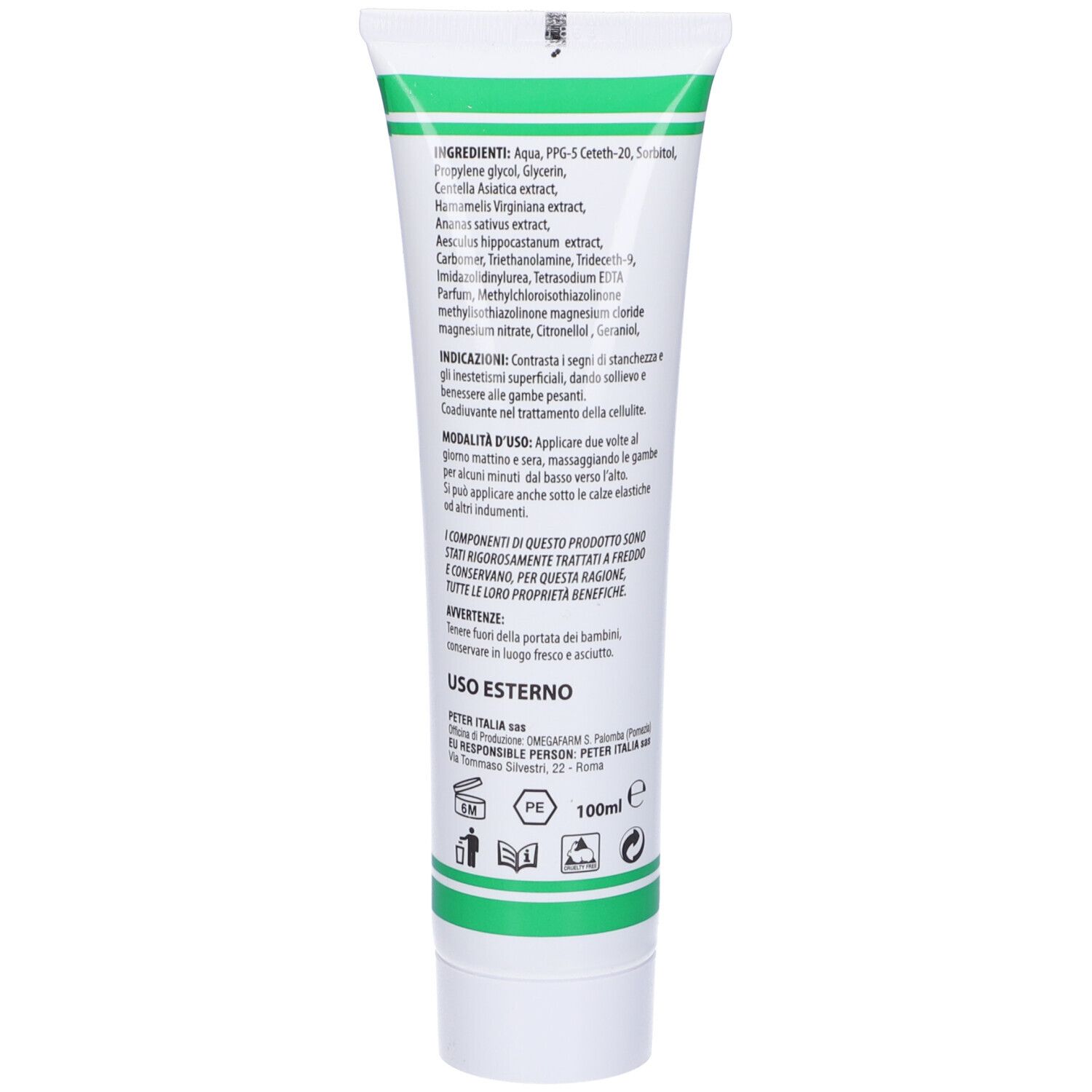 Retro del tubo con ingredienti e istruzioni in italiano. Tubo bianco con strisce verdi.