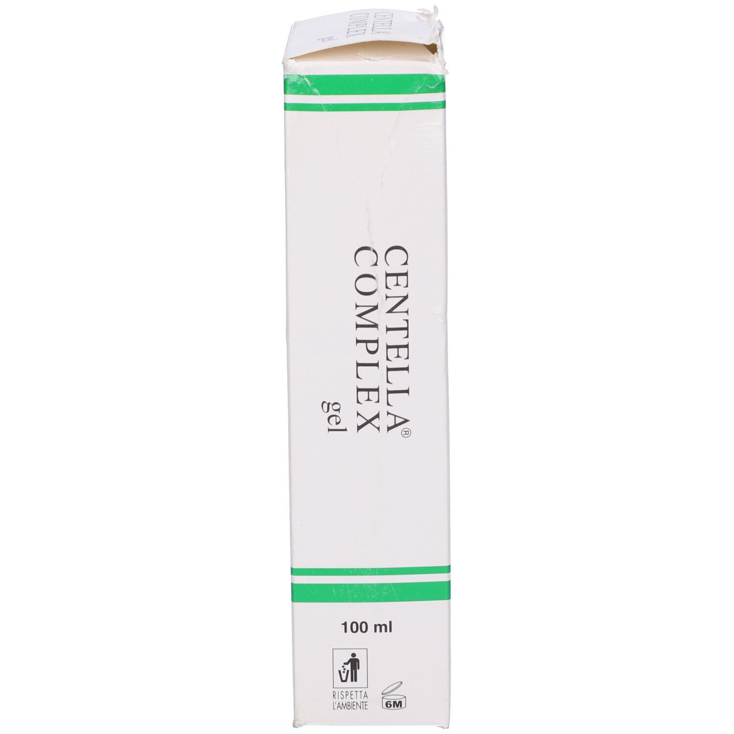 Scatola, bianca con striscia verde. Nome del prodotto e volume 100 ml visibili.
