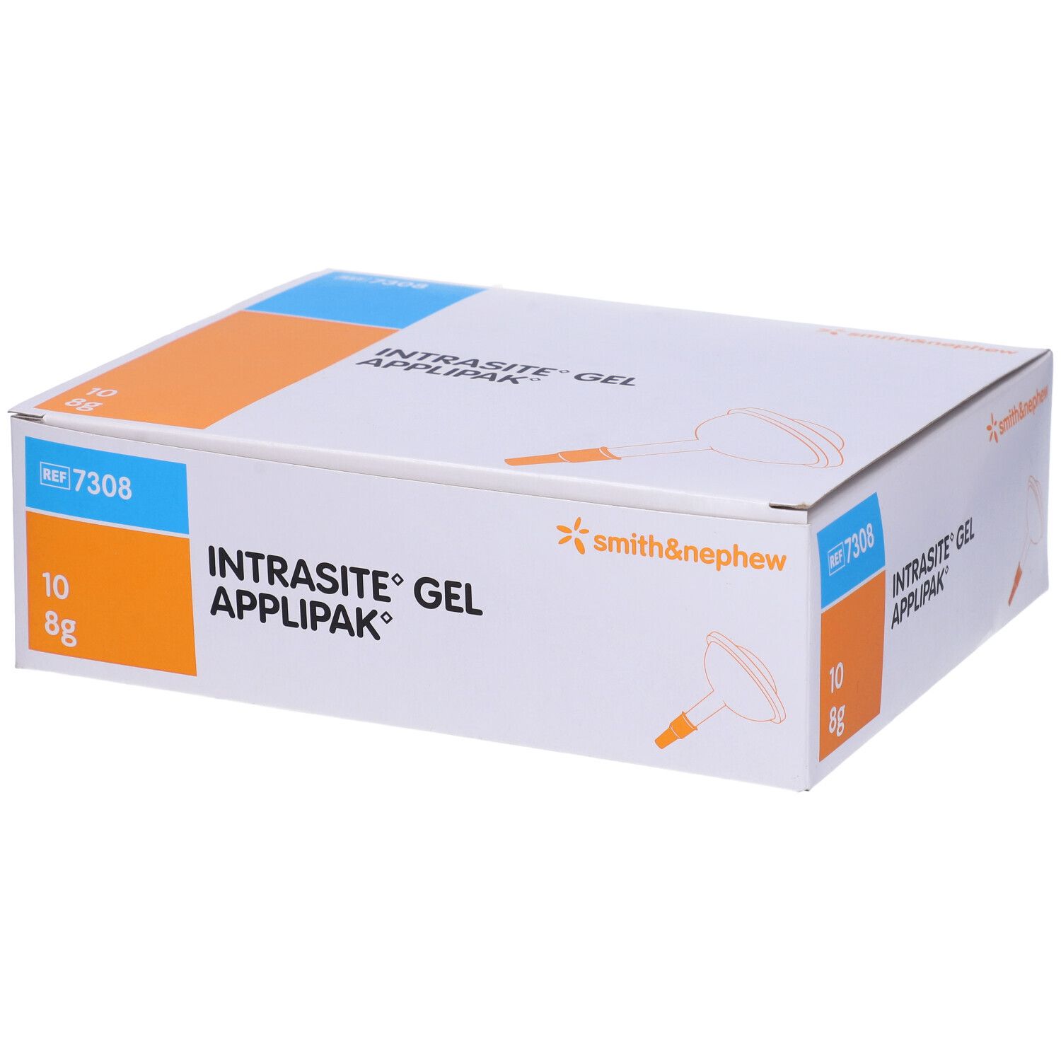 Scatola Intrasite Gel Applipak. Scritte: smith&nephew, REF 7308, 10, 8g. Dettagli arancioni e blu.