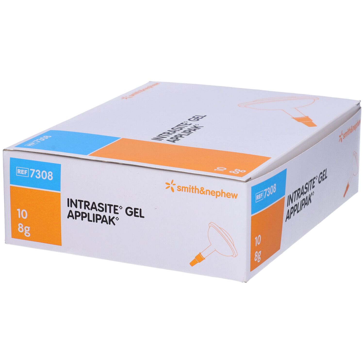 Scatola Intrasite Gel Applipak. Scritte: smith&nephew, REF 7308, 10, 8g. Dettagli arancioni e blu.