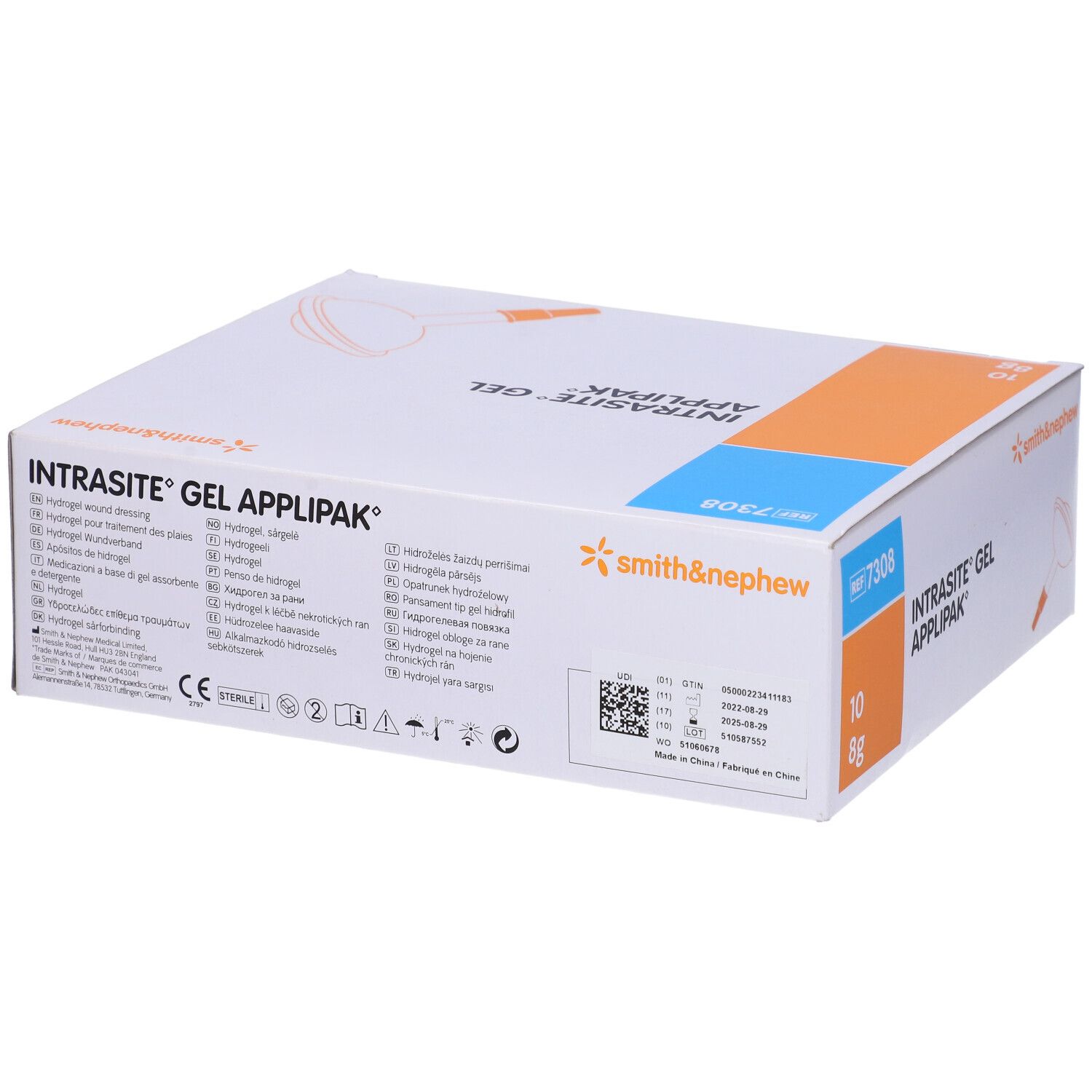 Scatola Intrasite Gel Applipak. Scritte: smith&nephew, REF 7308, 10, 8g. Testi e simboli multilingue.