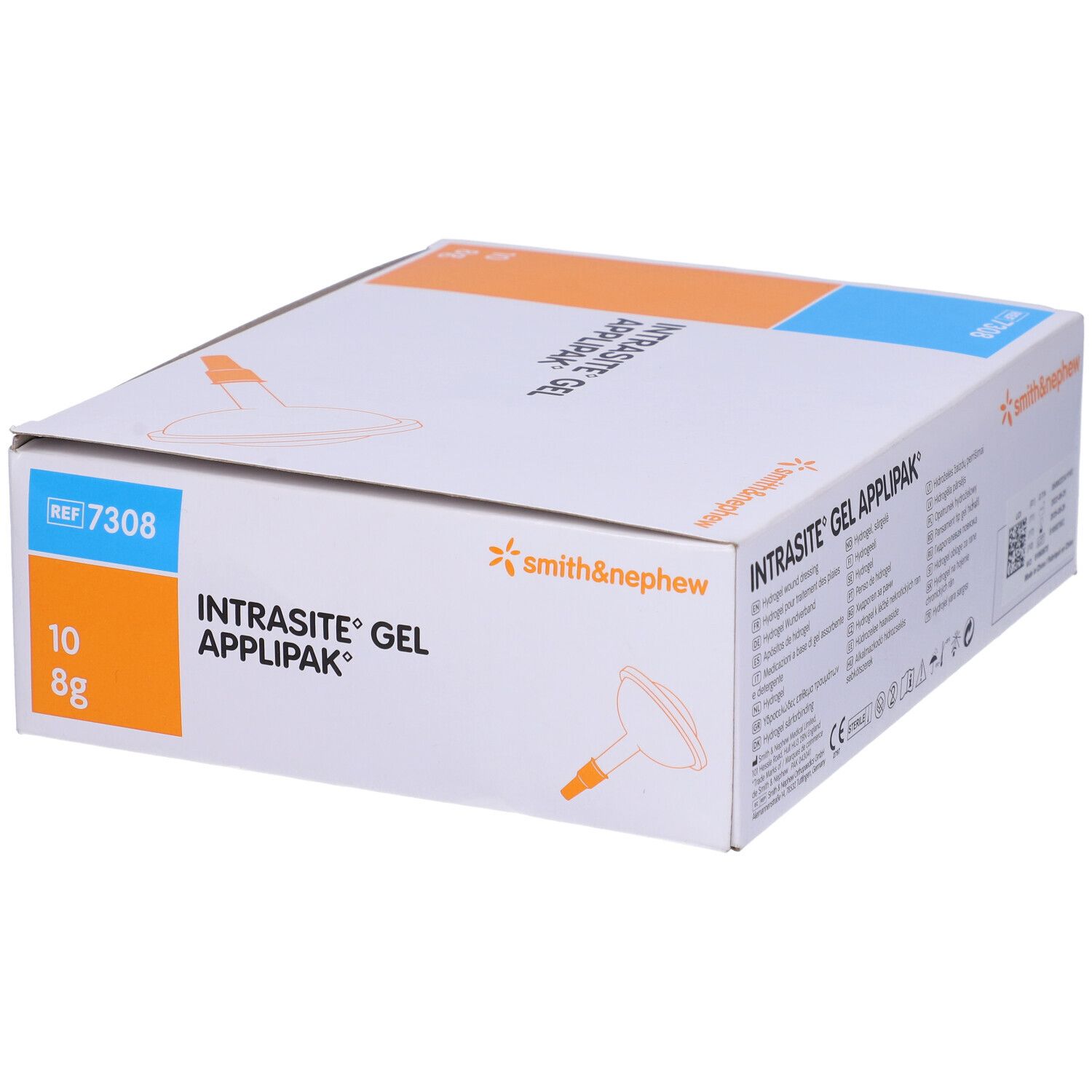 Scatola Intrasite Gel Applipak. Scritte: smith&nephew, REF 7308, 10, 8g. Dettagli arancioni e blu.