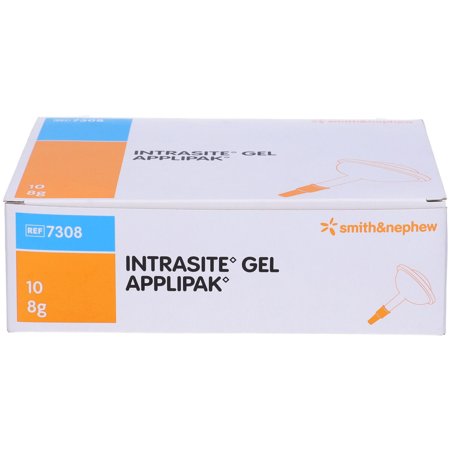 Scatola Intrasite Gel Applipak. Scritte: smith&nephew, REF 7308, 10, 8g. Dettagli arancioni e blu.