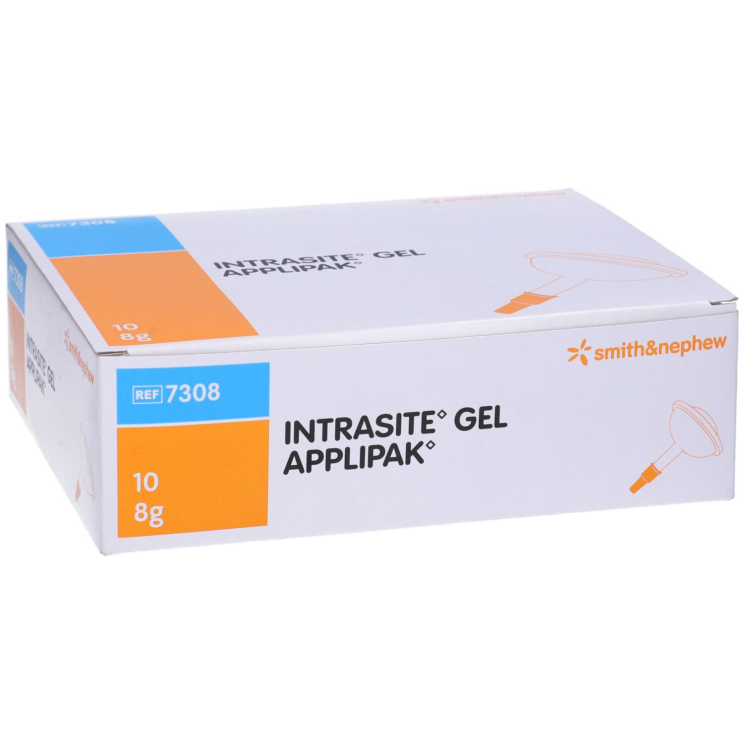 Scatola Intrasite Gel Applipak. Scritte: smith&nephew, REF 7308, 10, 8g. Dettagli arancioni e blu.