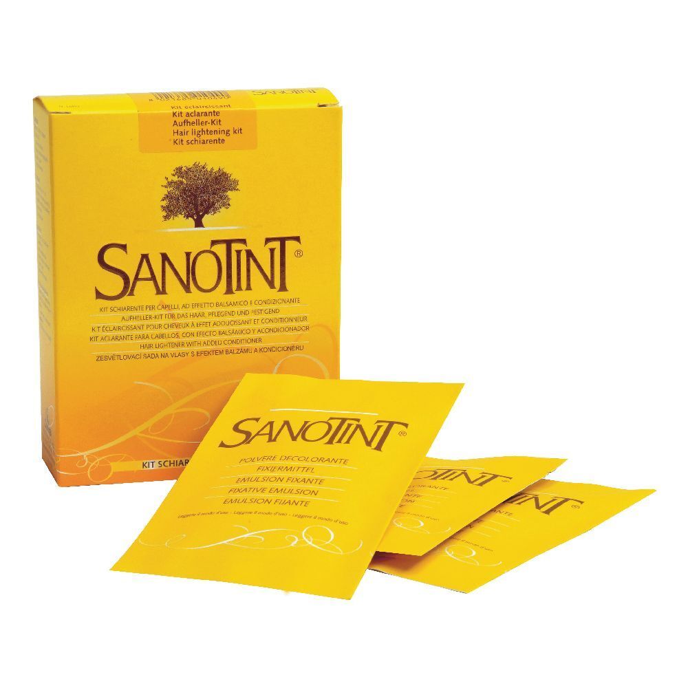 Scatola gialla con logo Sanotint e tre bustine gialle. Scritto: Kit Schiarente.