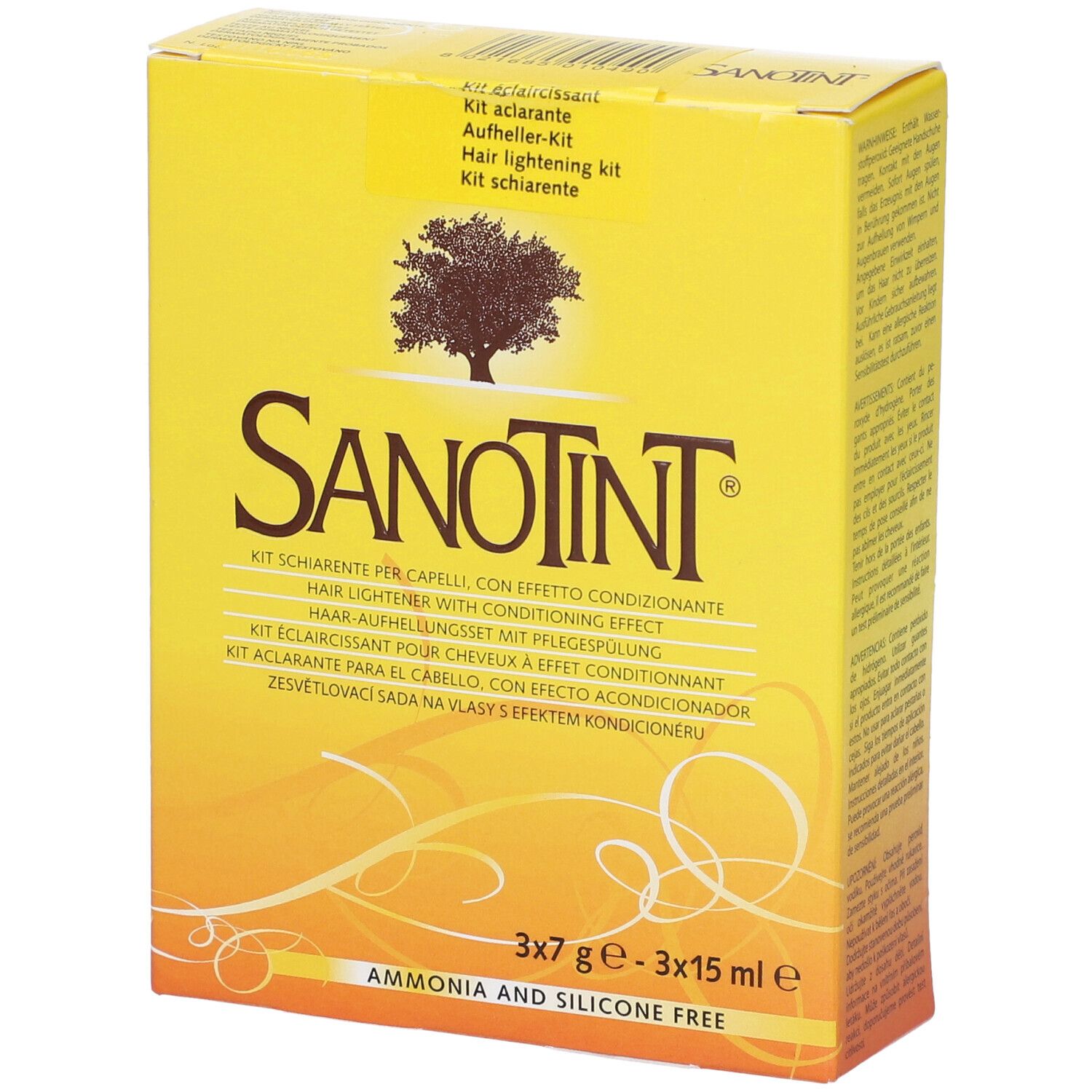 Scatola gialla con logo Sanotint e testo. Scritto: Kit Schiarente, 3x7g - 3x15ml, Ammonia and Silicone Free.