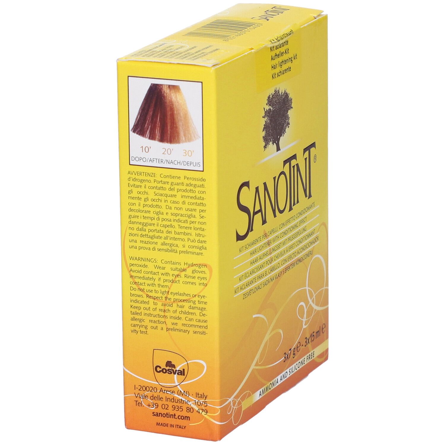 Scatola gialla con logo Sanotint e testo. Scritto: Kit Schiarente, 3x7g - 3x15ml, Ammonia and Silicone Free. Con campione colore.