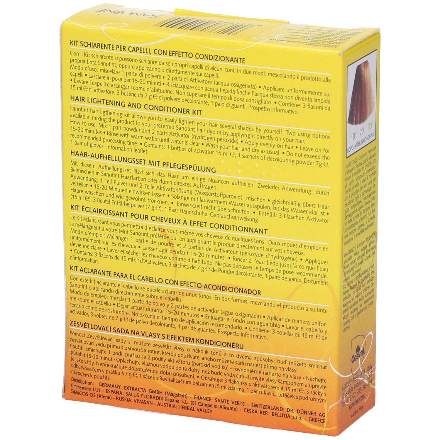 Scatola gialla con testo e campione colore. Scritto: Kit Schiarente per capelli, 3x7g - 3x15ml.