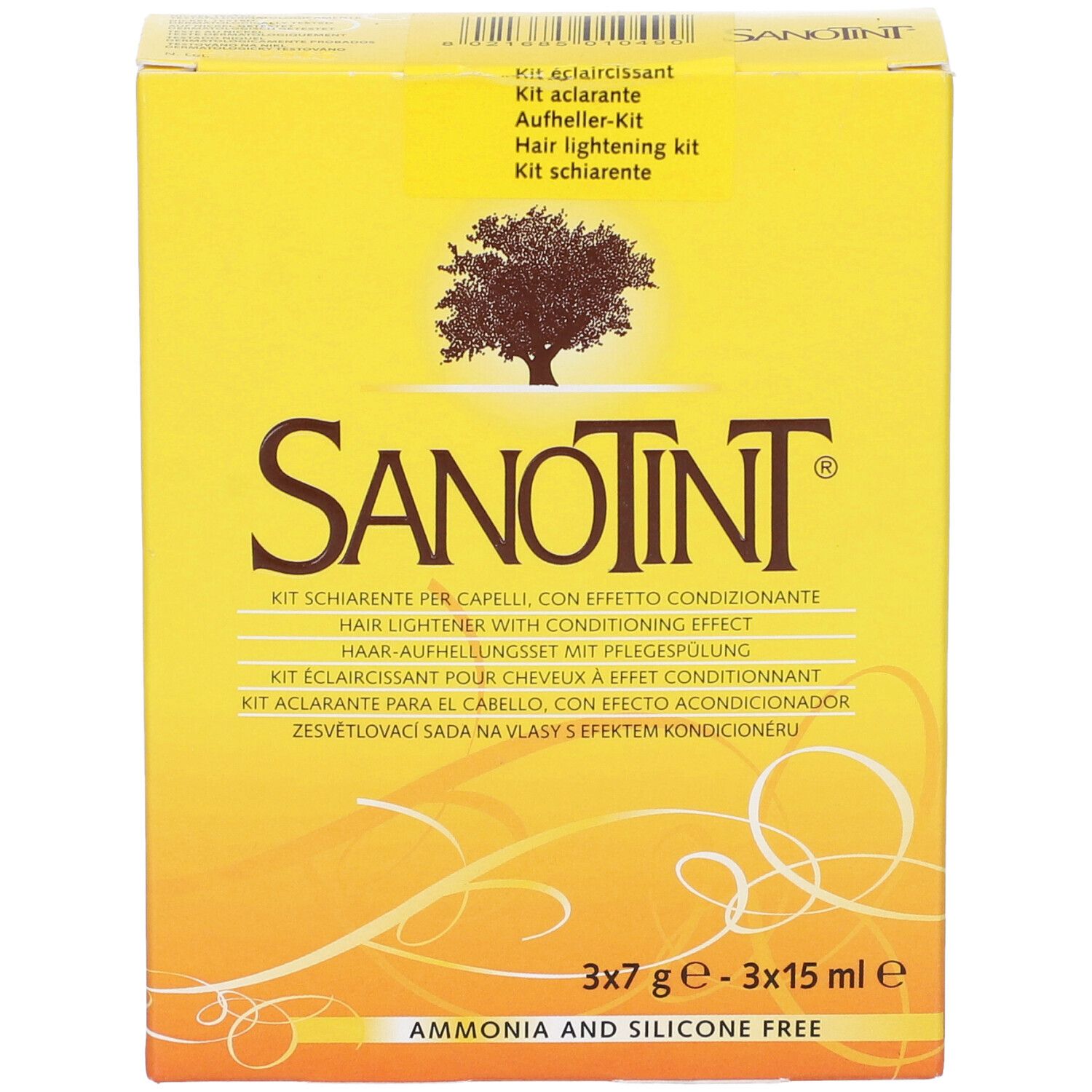 Scatola gialla con logo Sanotint e testo. Scritto: Kit Schiarente, 3x7g - 3x15ml, Ammonia and Silicone Free.