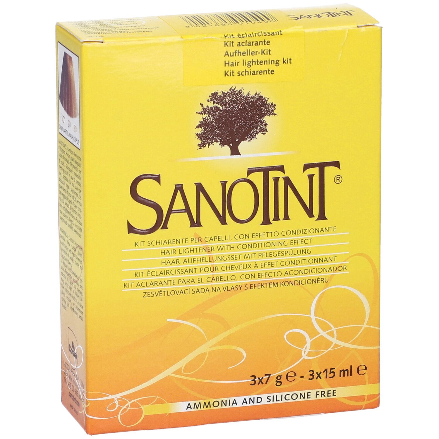 Scatola gialla con logo Sanotint e testo. Scritto: Kit Schiarente, 3x7g - 3x15ml, Ammonia and Silicone Free. Con campione colore.