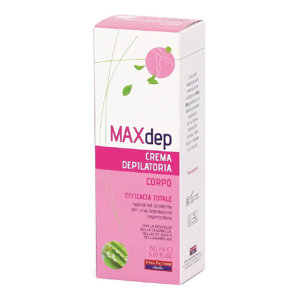 Confezione rosa con nome prodotto MAXdep Crema Depilatoria Corpo. Illustrazioni verdi e bianche. Testo: 'Efficacia totale'.
