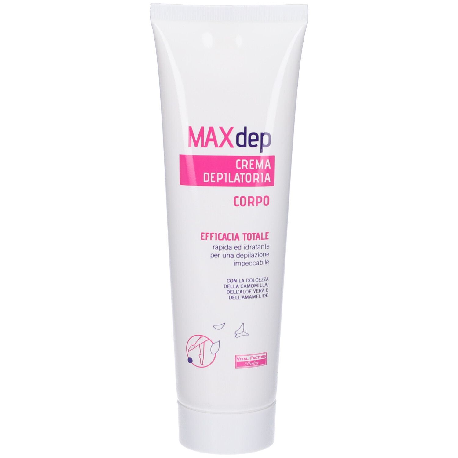 Tubo bianco con nome prodotto MAXdep Crema Depilatoria Corpo. Accento rosa. Testo: 'Efficacia totale'.