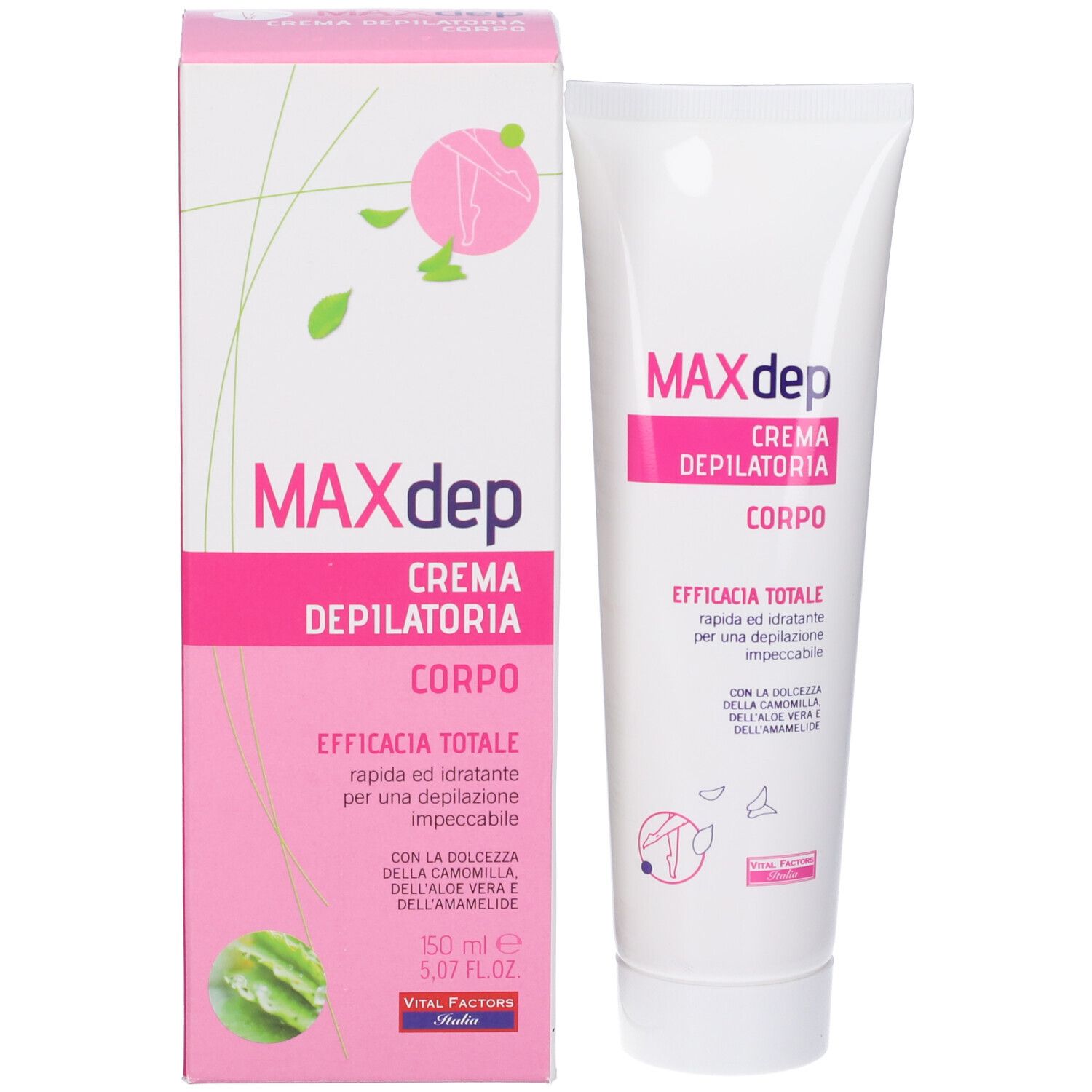 Prodotto e confezione affiancati. Tubo bianco e confezione rosa con nome prodotto MAXdep Crema Depilatoria Corpo.