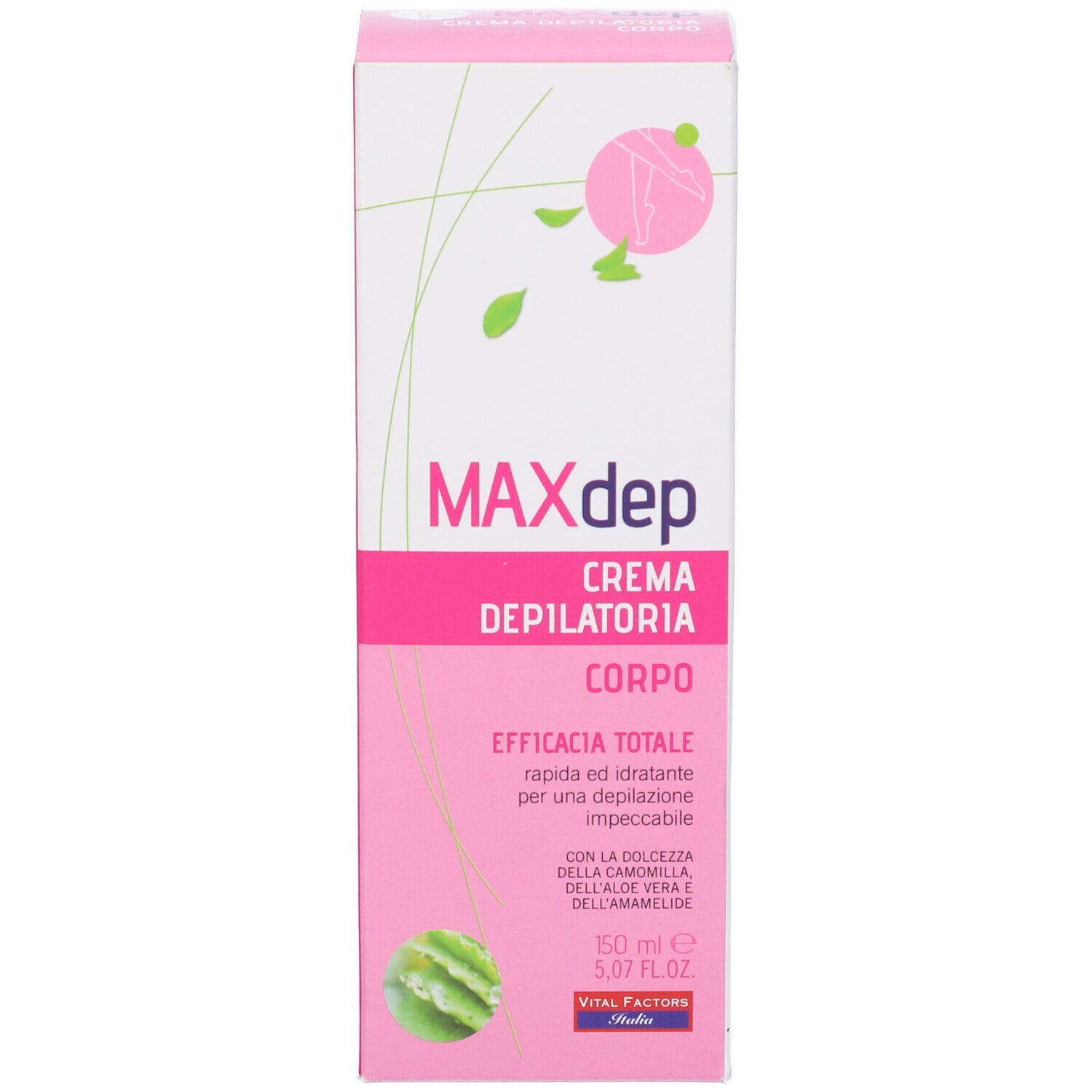 Confezione rosa con nome prodotto MAXdep Crema Depilatoria Corpo. Testo: 'Efficacia totale'. Illustrazioni verdi e bianche.