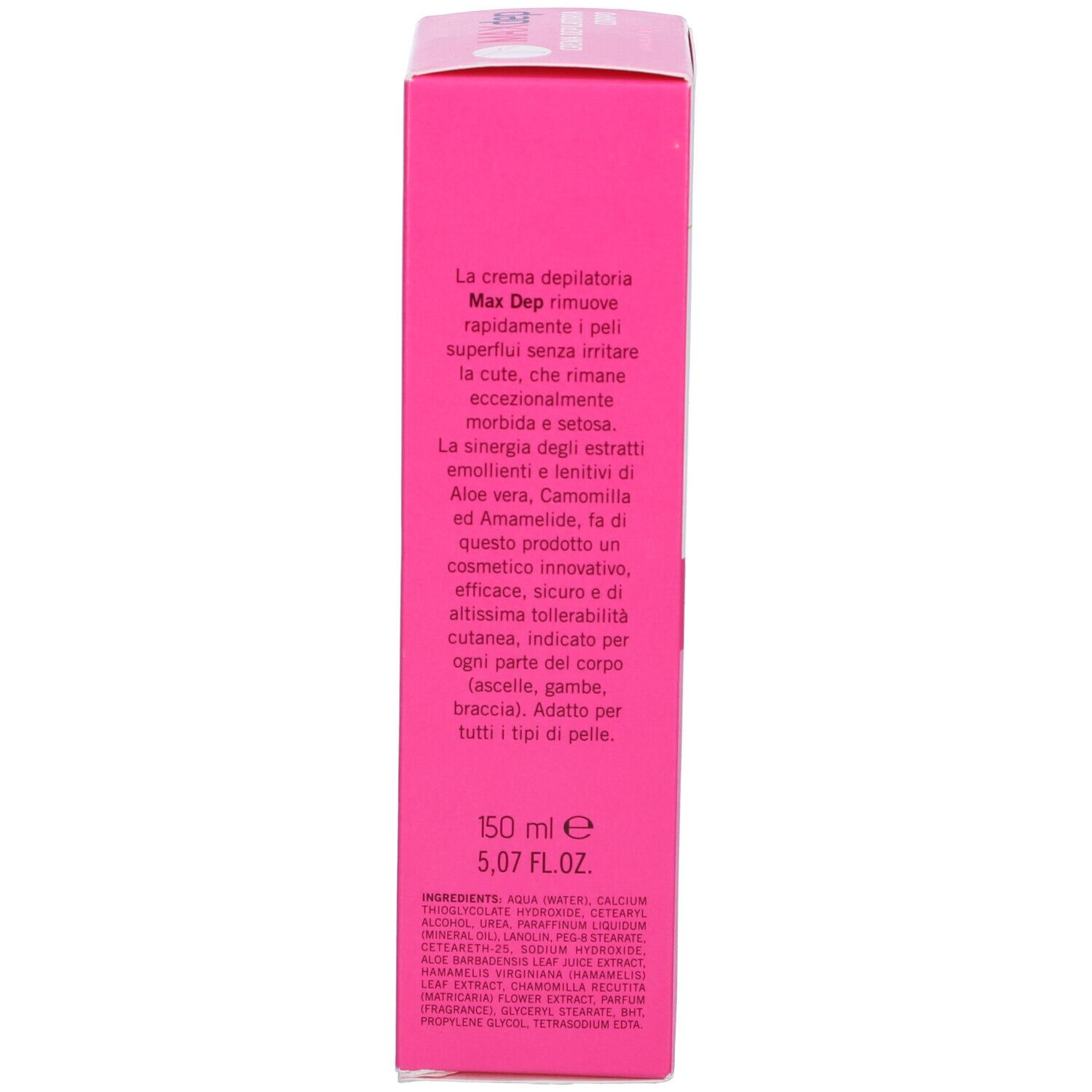Retro della confezione rosa. Testo in italiano. Nome prodotto MAXdep. Ingredienti e istruzioni per l'uso.