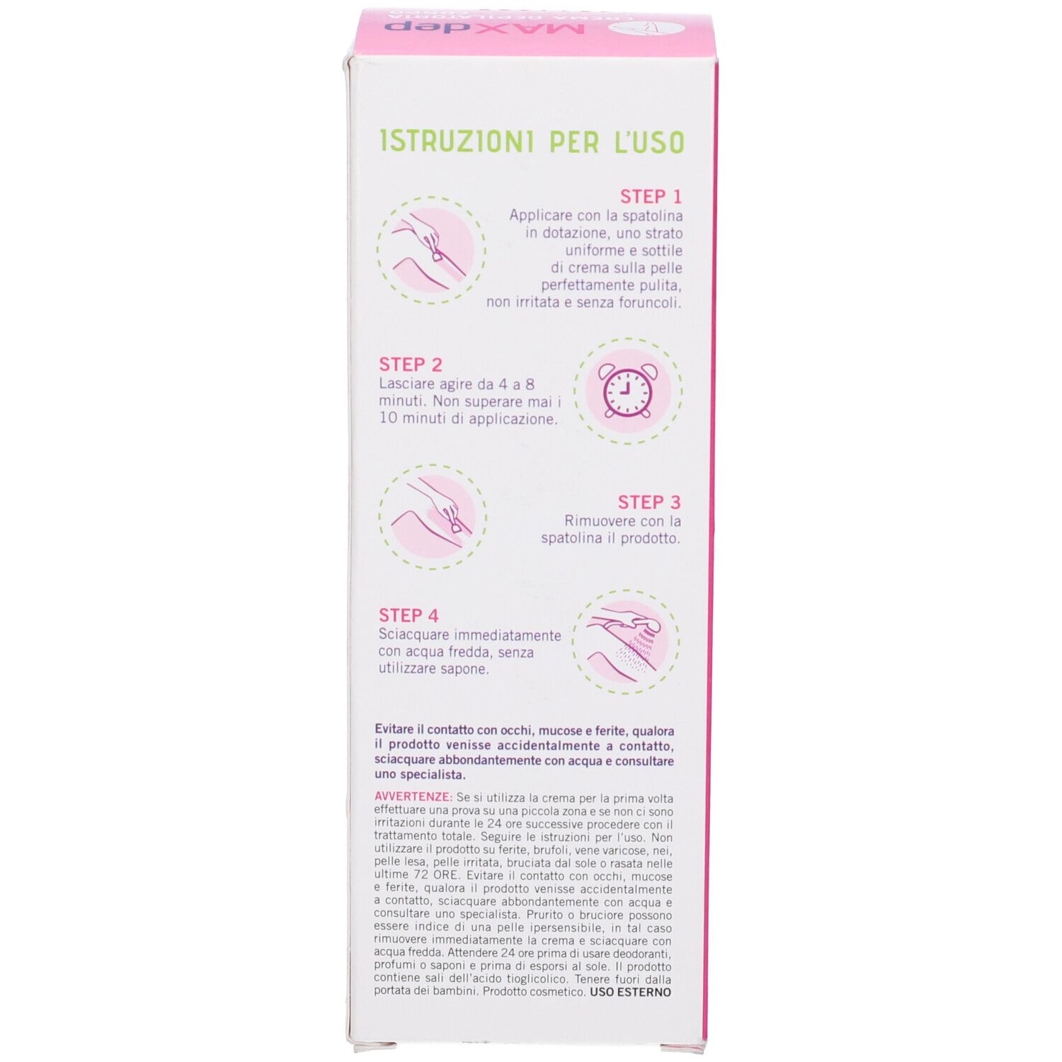 Lato della confezione rosa. Testo in italiano. Istruzioni per l'uso con illustrazioni.