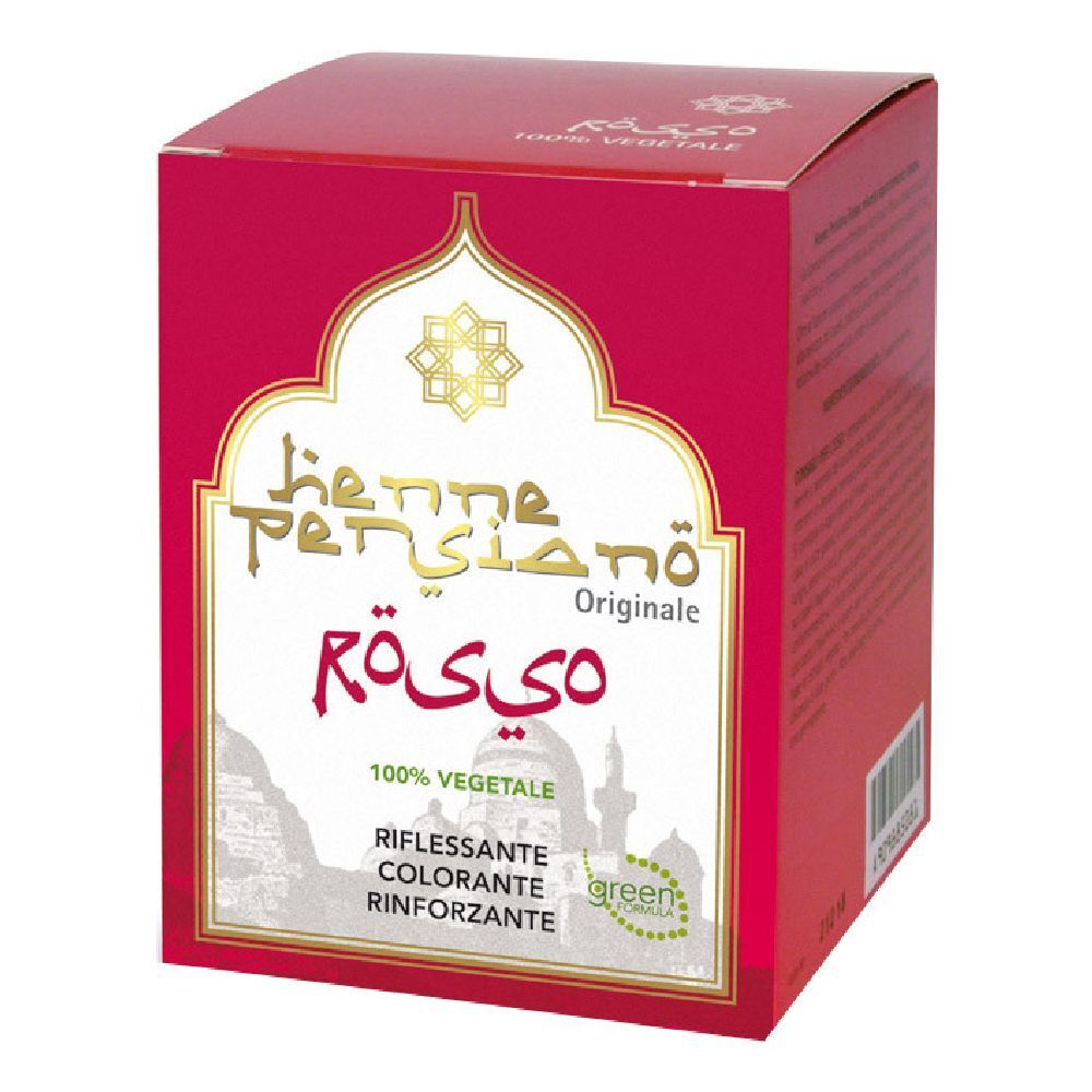 Confezione rossa con nome del prodotto e scritta araba. Scritta: 100% vegetale, Riflessante, Colorante, Rinforzante.