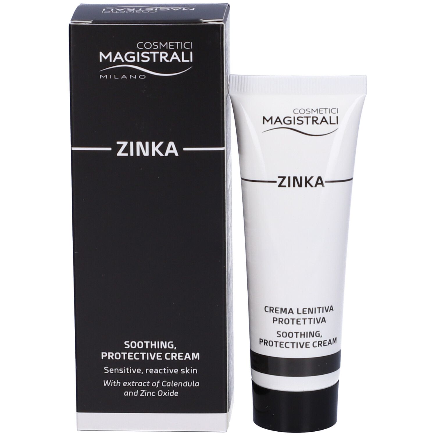 Schwarzer Karton und weiße Tube. Aufschrift: COSMETICI MAGISTRALI, ZINKA, SOOTHING, PROTECTIVE CREAM. Tube: CREMA LENITIVA PROTETTIVA.