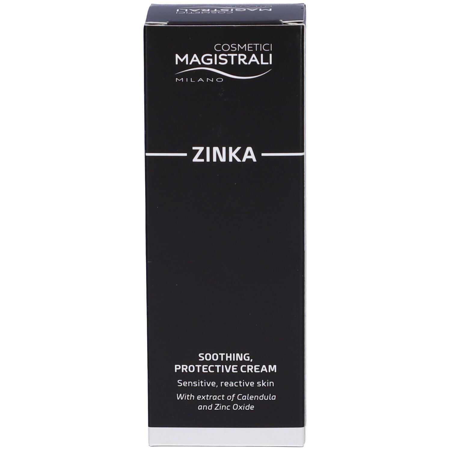 Schwarzer Karton. Aufschrift: COSMETICI MAGISTRALI, ZINKA, SOOTHING, PROTECTIVE CREAM. Text über Inhaltsstoffe und Anwendung.