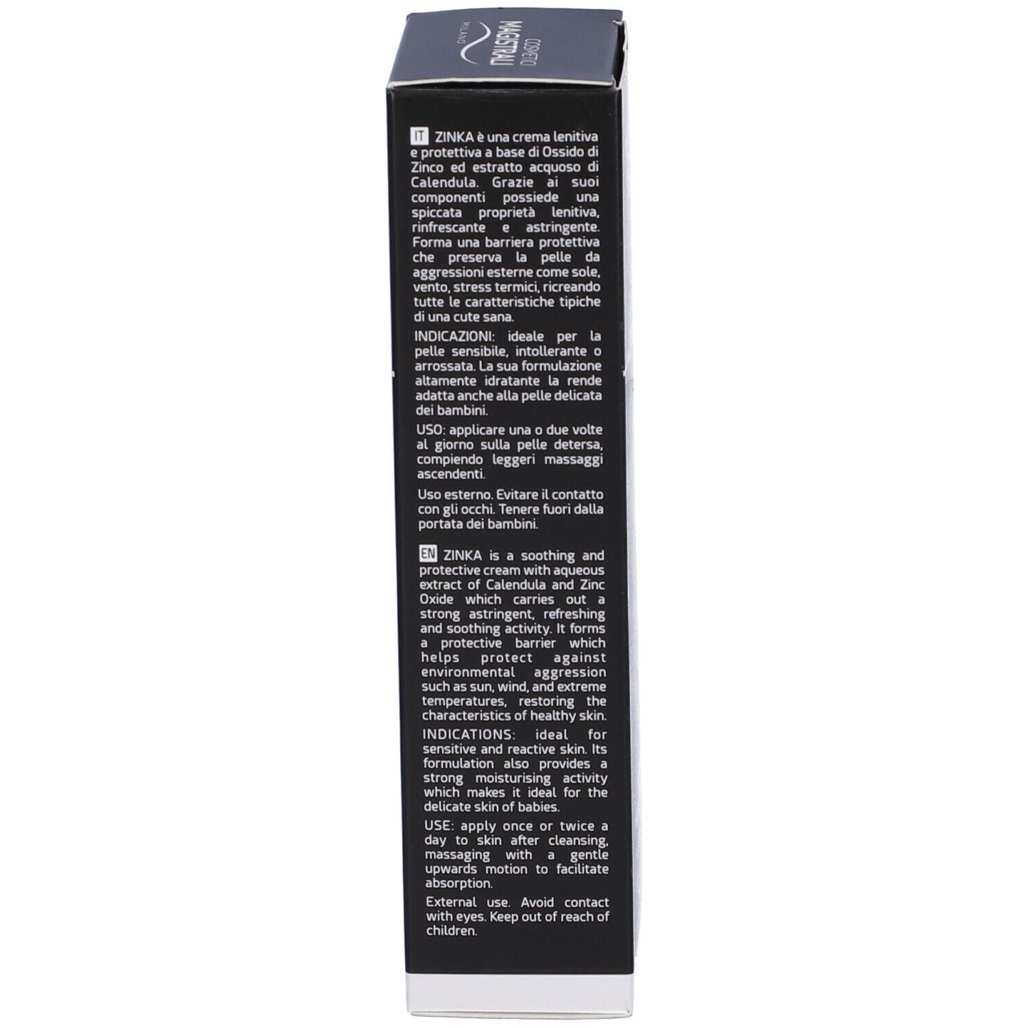 Schwarzer Karton. Text über Inhaltsstoffe und Anwendung. Englischer und italienischer Text.